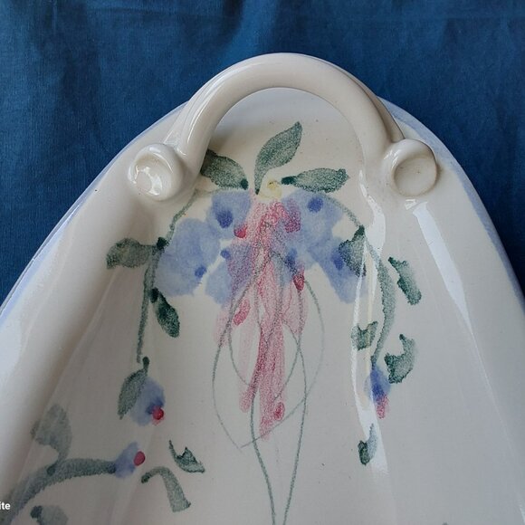 Studio pottery oblong serving dish with handles blue and pink flowers vtg 1993 - Picture 3 of 13